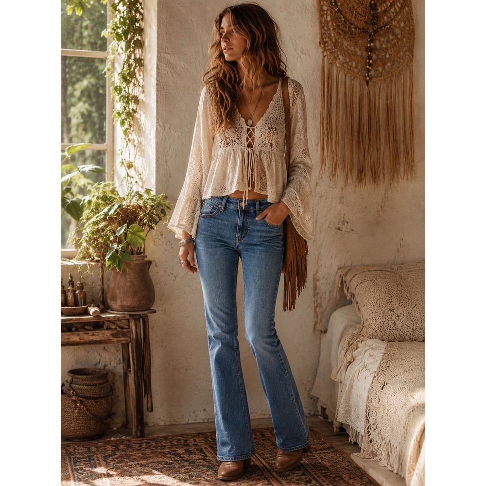 We The Free People Flare Jeans Blue Med Wash Denim Size 27 Retro Boho Festival